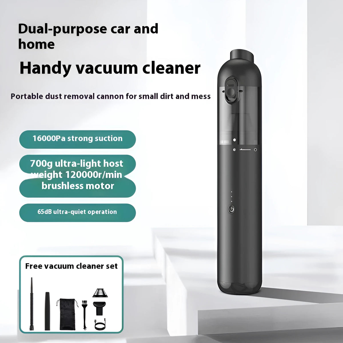 Wireless handheld vacuum and dust blower in black, silver or green with five attachments and data cable