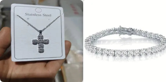 18K gold electroplated zircon tennis bracelet and necklace set, 2mm wide, in gold or silver colour.
