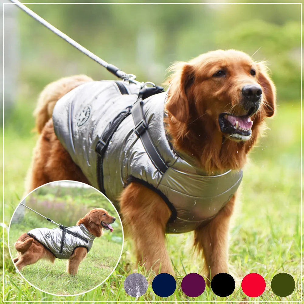 Waterproof rain silk dog winter coat with harness hole in navy blue for large breeds