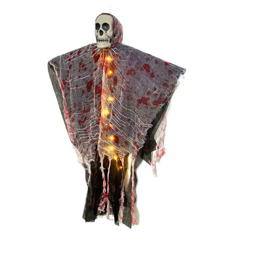 Blood-dyed luminous plastic skull and hanging ghost Halloween ornament