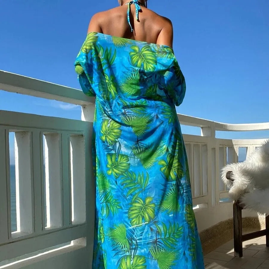 Split long sleeve blouse and banded bikini set with matching outer robe in polyester fabric