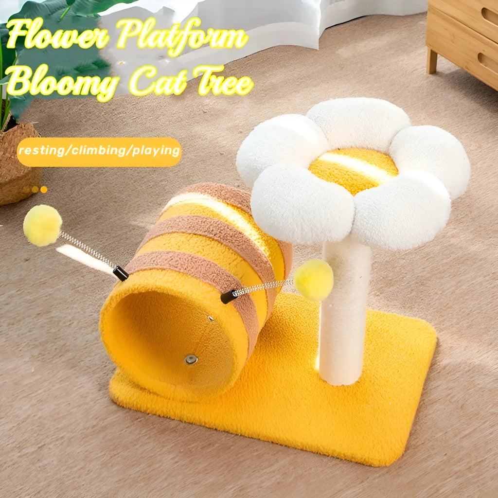 Yellow bee-shaped cat climbing frame with sisal scratching board and tunnel, dimensions 46x36x25cm