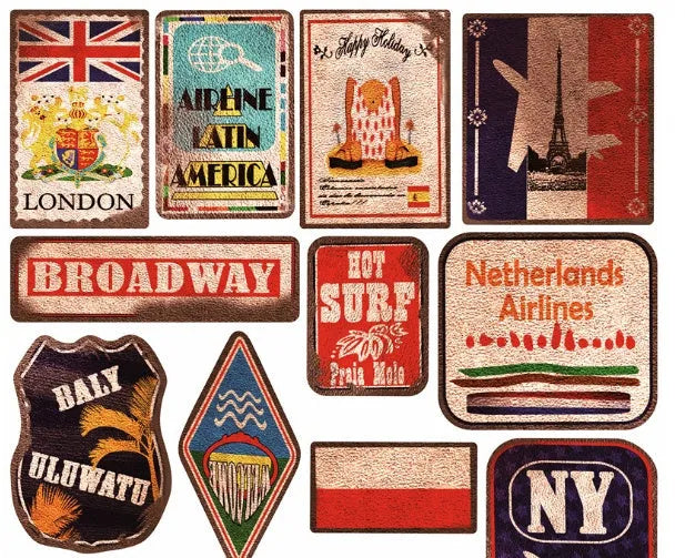 36 retro beach stickers with surfing and travel designs on PVC with matte film, sizes 6-10cm
