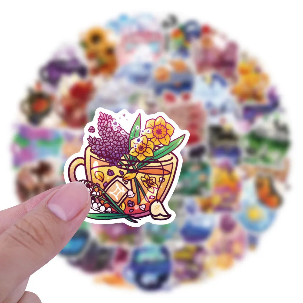 Colourful tea cup design waterproof graffiti stickers for scooters and luggage customisation