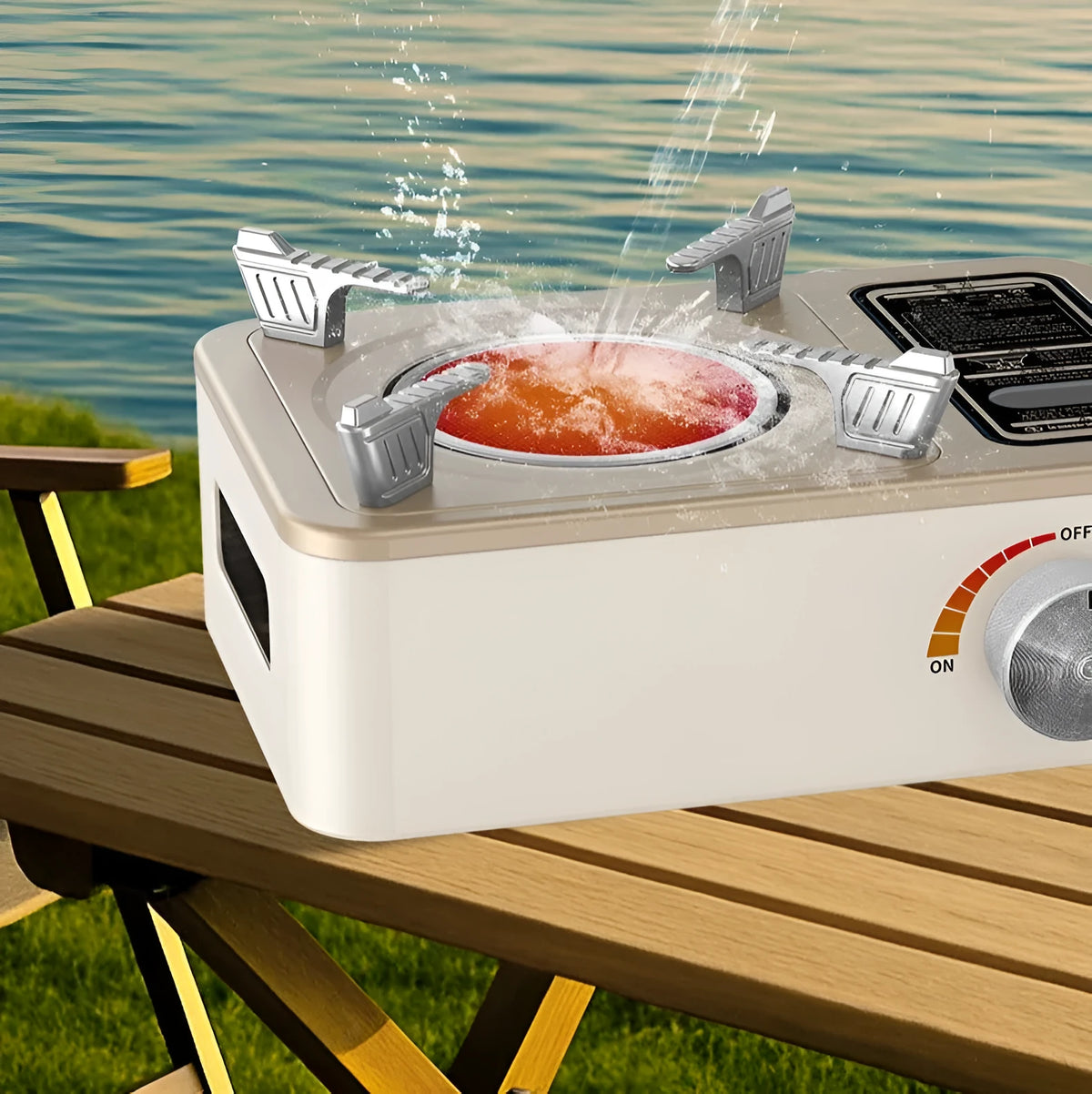 White portable stainless steel infrared gas stove for outdoor windproof cooking.