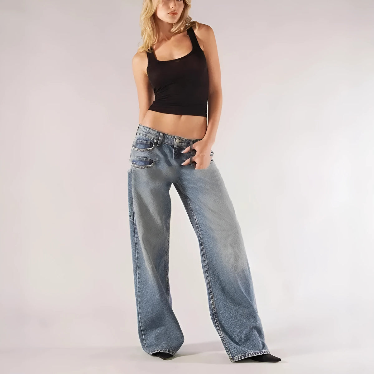 Blue loose fit women's cotton wide leg trousers with low waist and straight leg