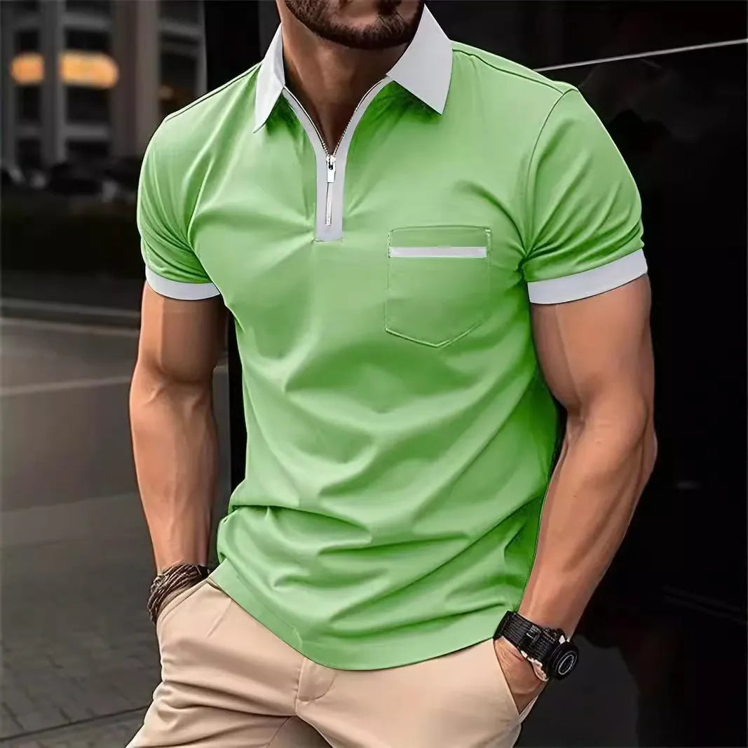 Men's loose fit short sleeve casual shirt with chest pocket and front zipper decoration.