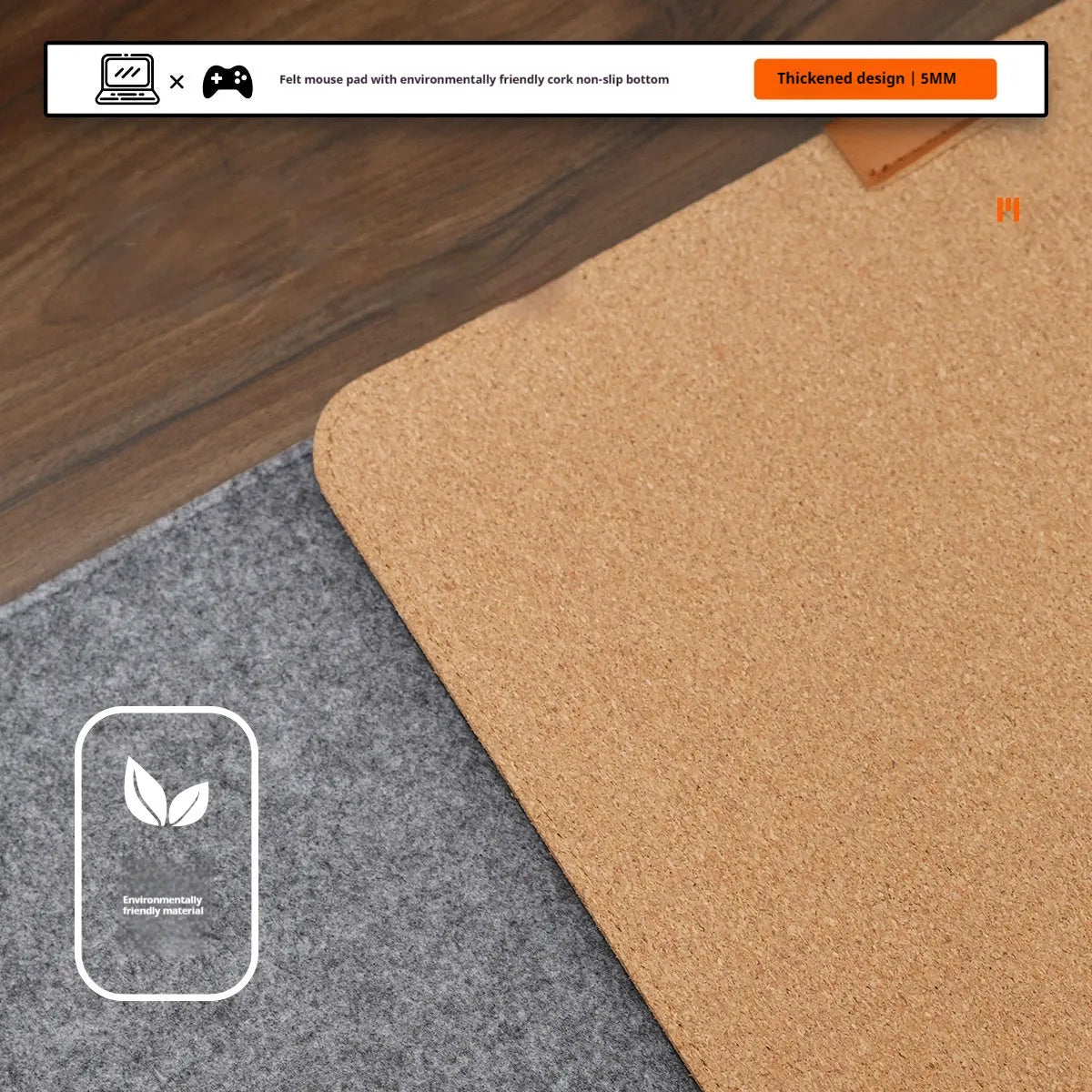 Grey and black felt cork office mouse pad on a wooden desk