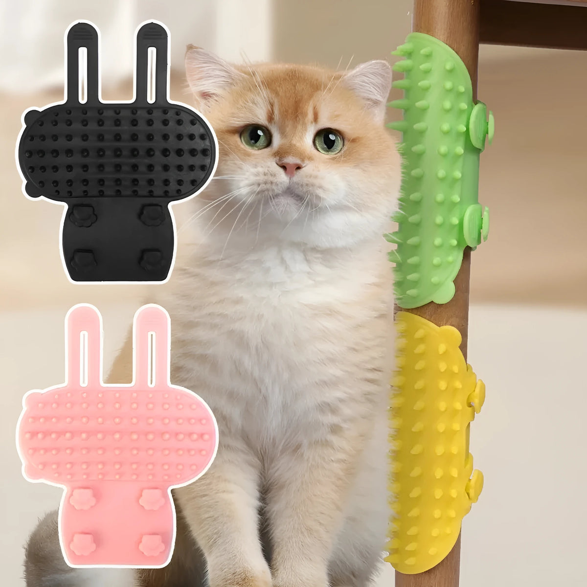 Silicone cat grooming comb with adjustable strap attached to table leg for hair removal and scratching relief