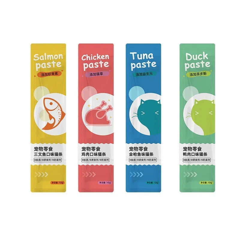 Pack of 10 cat strip snacks for kittens in four different flavours