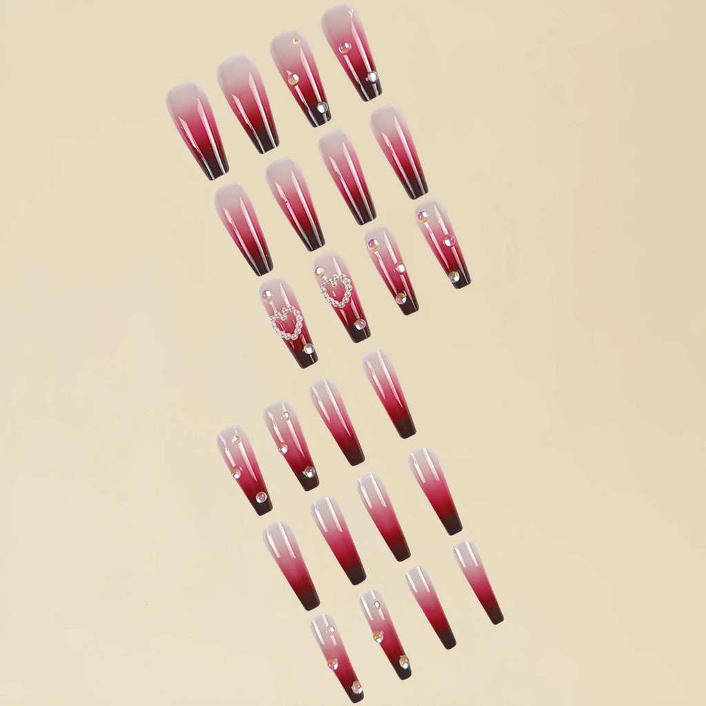 Pearl heart wine red gradient fake nail tips with plaid pattern and jelly glue