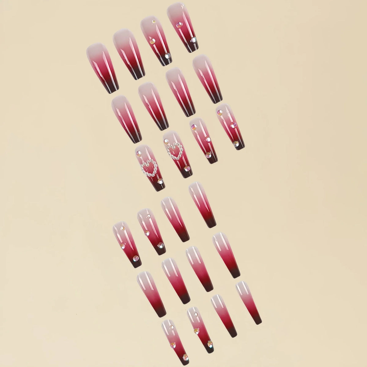 Pearl heart wine red gradient fake nail tips with plaid pattern and jelly glue