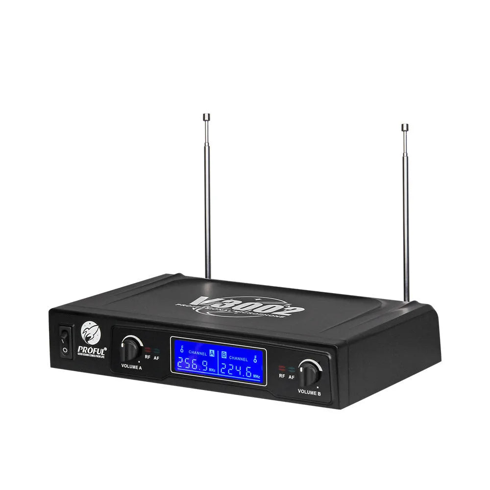 V-3002 wireless microphone system with two black handheld microphones and compact transmitter unit