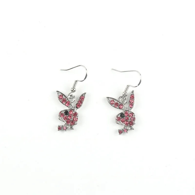Rabbit stud earrings with diamond-covered design in silver, gold, or pink alloy.
