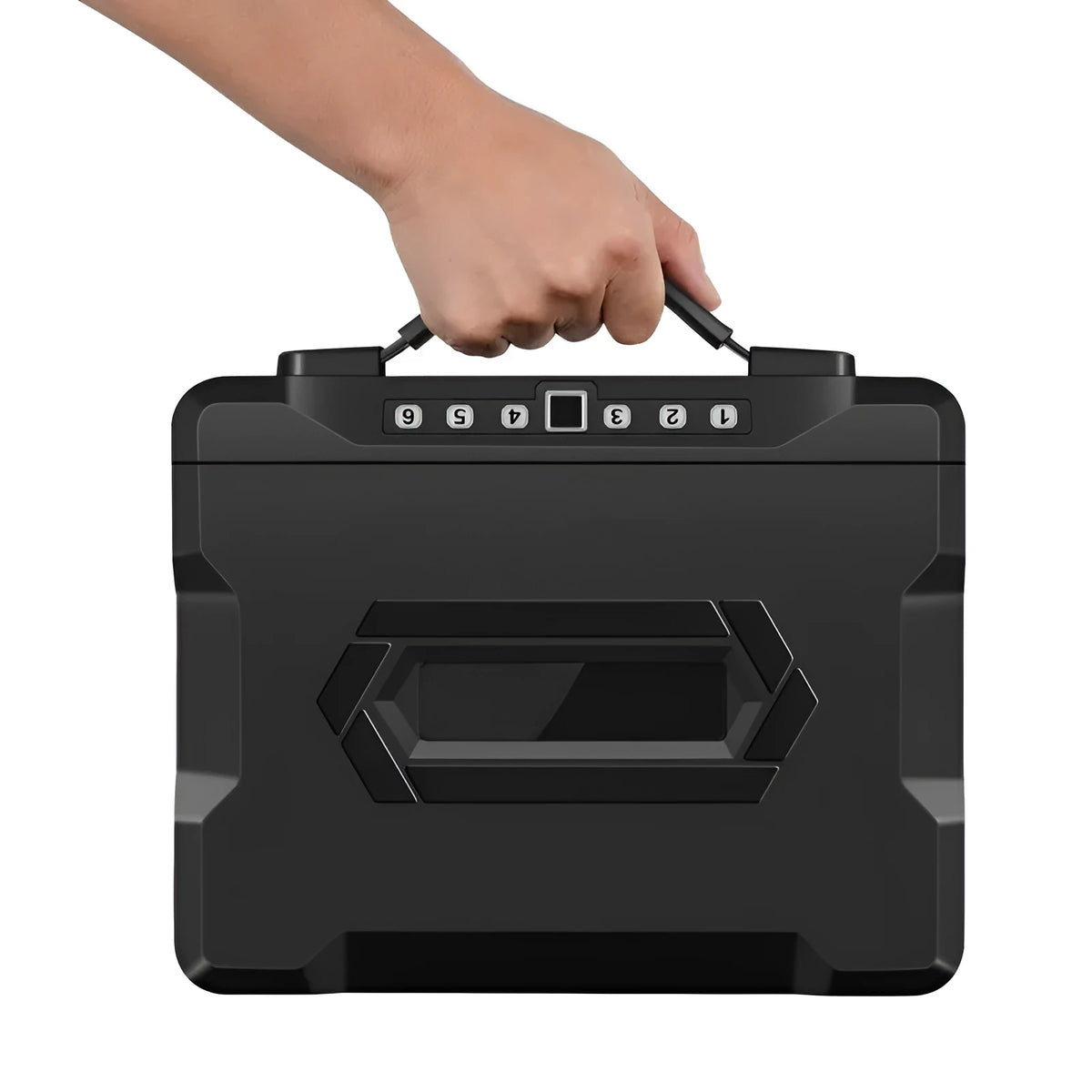 Compact grey portable mechanical safe box with key lock for personal valuables storage.