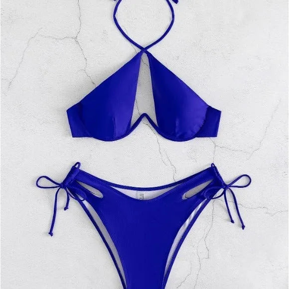 Brown women's halter bikini swimsuit with briefs bottom on a neutral background.