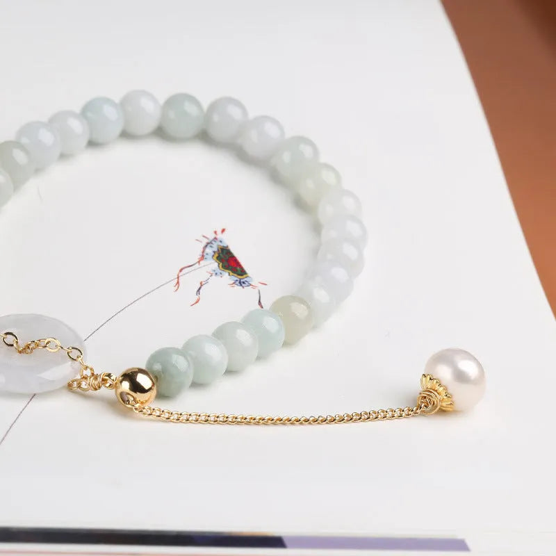 Natural emerald peace buckle pearl bracelet with jade round pendant and geometric national style design