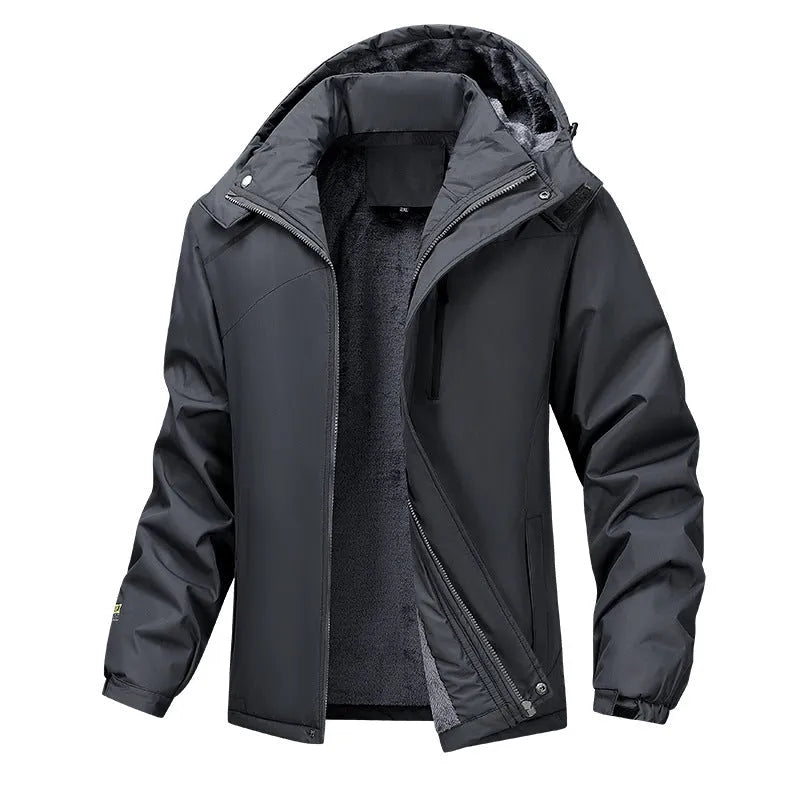 Men's plus size waterproof hooded coat in loose fit, shown in army green colour