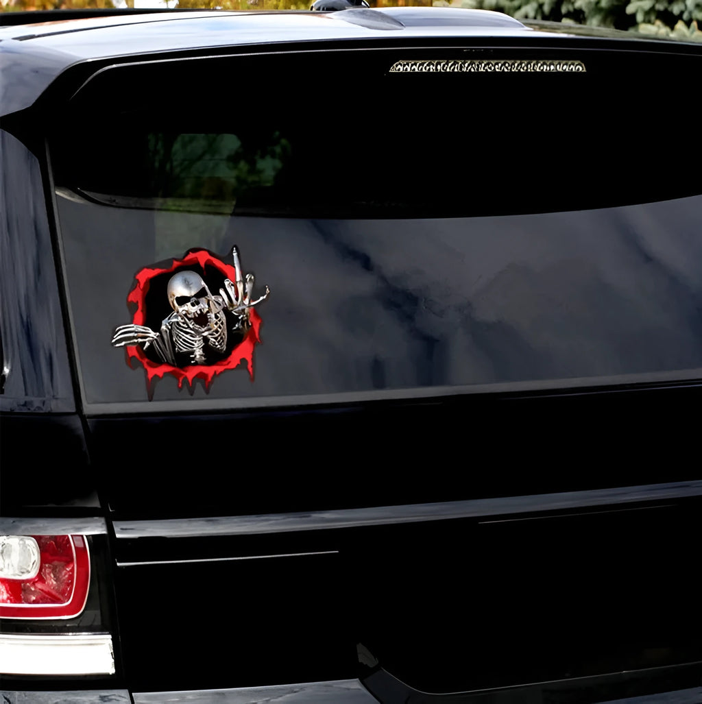 15x14cm PET car bumper sticker with colourful broken shell design and printed metal skull pattern