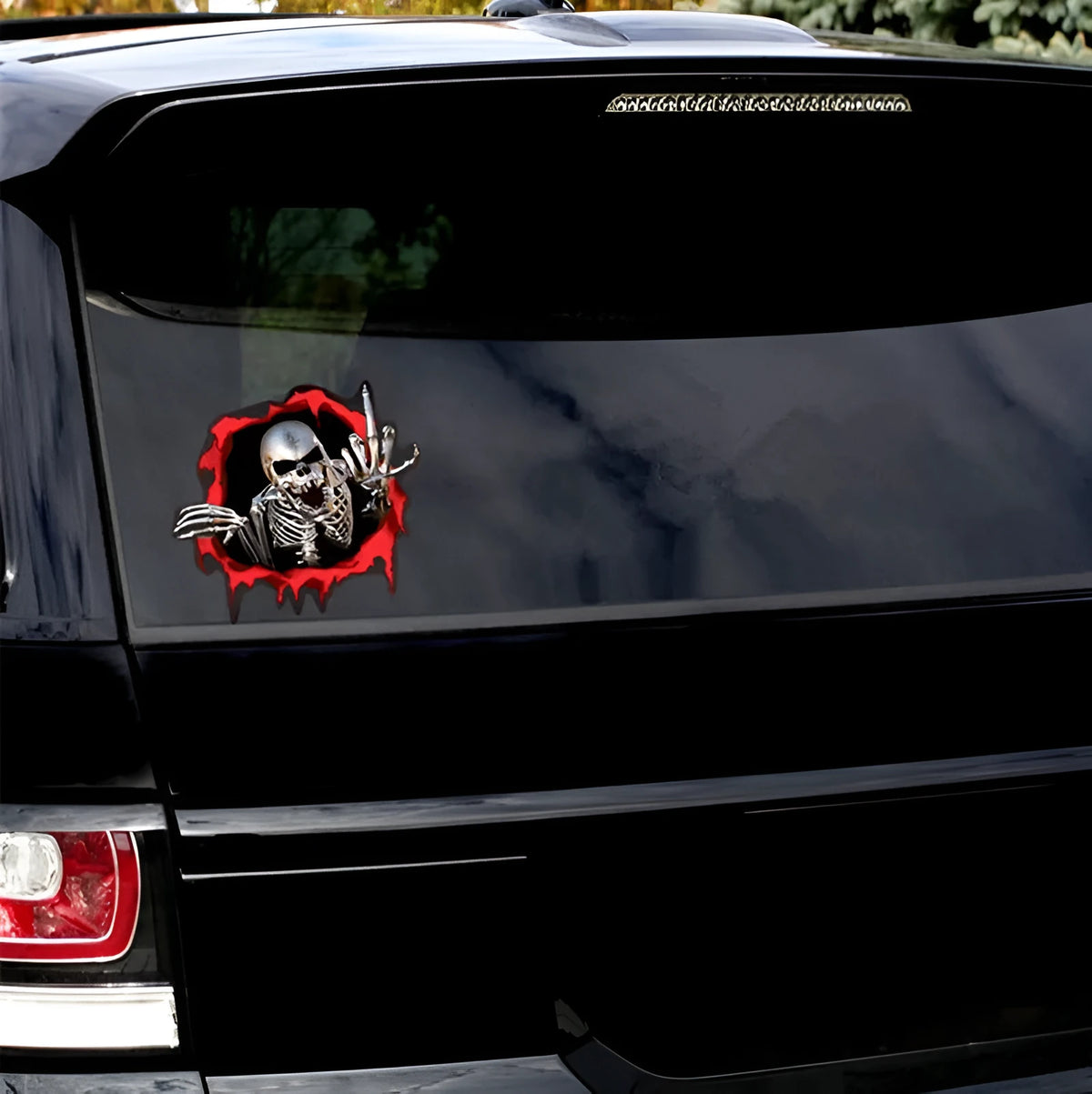 15x14cm PET car bumper sticker with colourful broken shell design and printed metal skull pattern