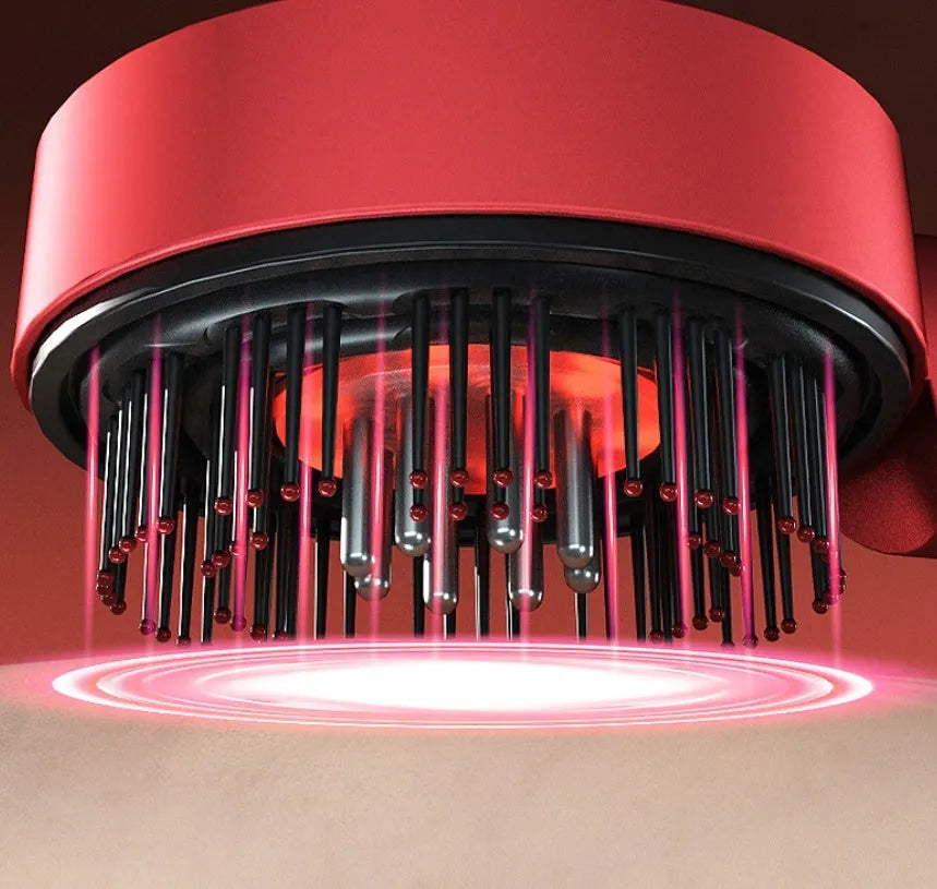 Black and red rechargeable scalp massage comb with red and blue lights, shown with a Type-C charging cable.