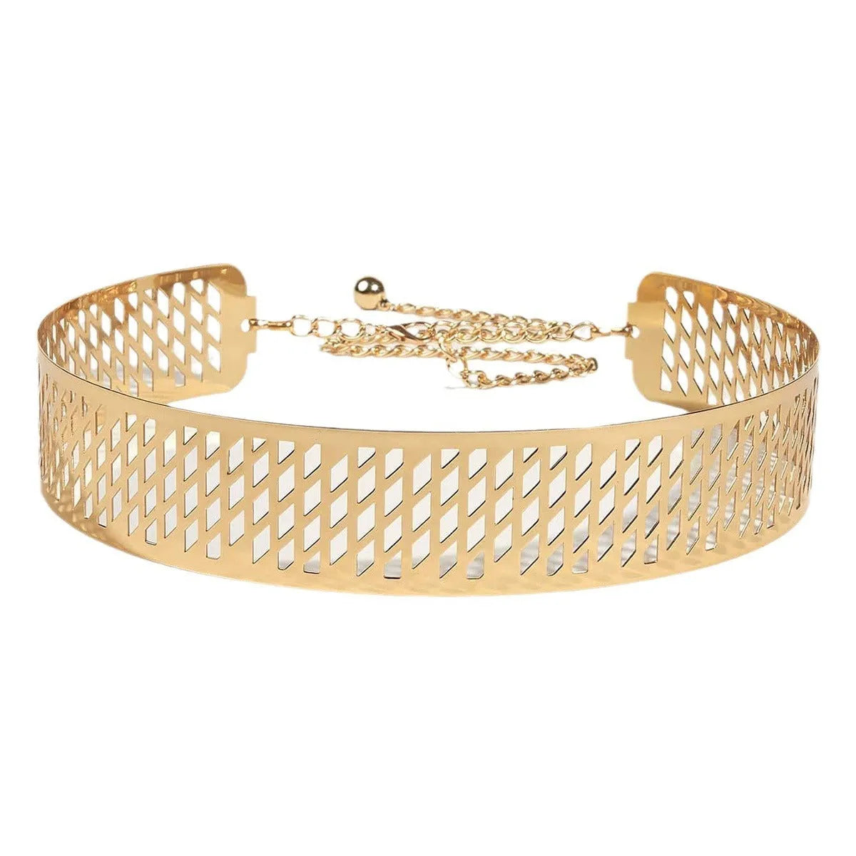 Golden alloy waist belt with lantern and floral punch net design, shown fastened, highlighting its 4.5cm width.