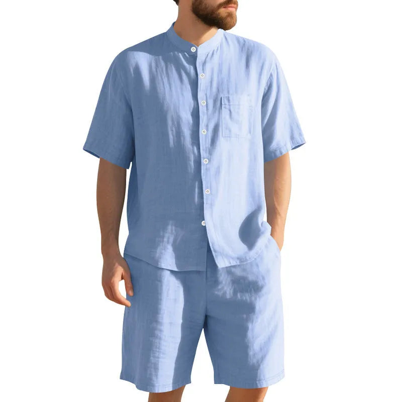 Men's linen-blend short-sleeve summer suit with Henry collar shirt and matching shorts