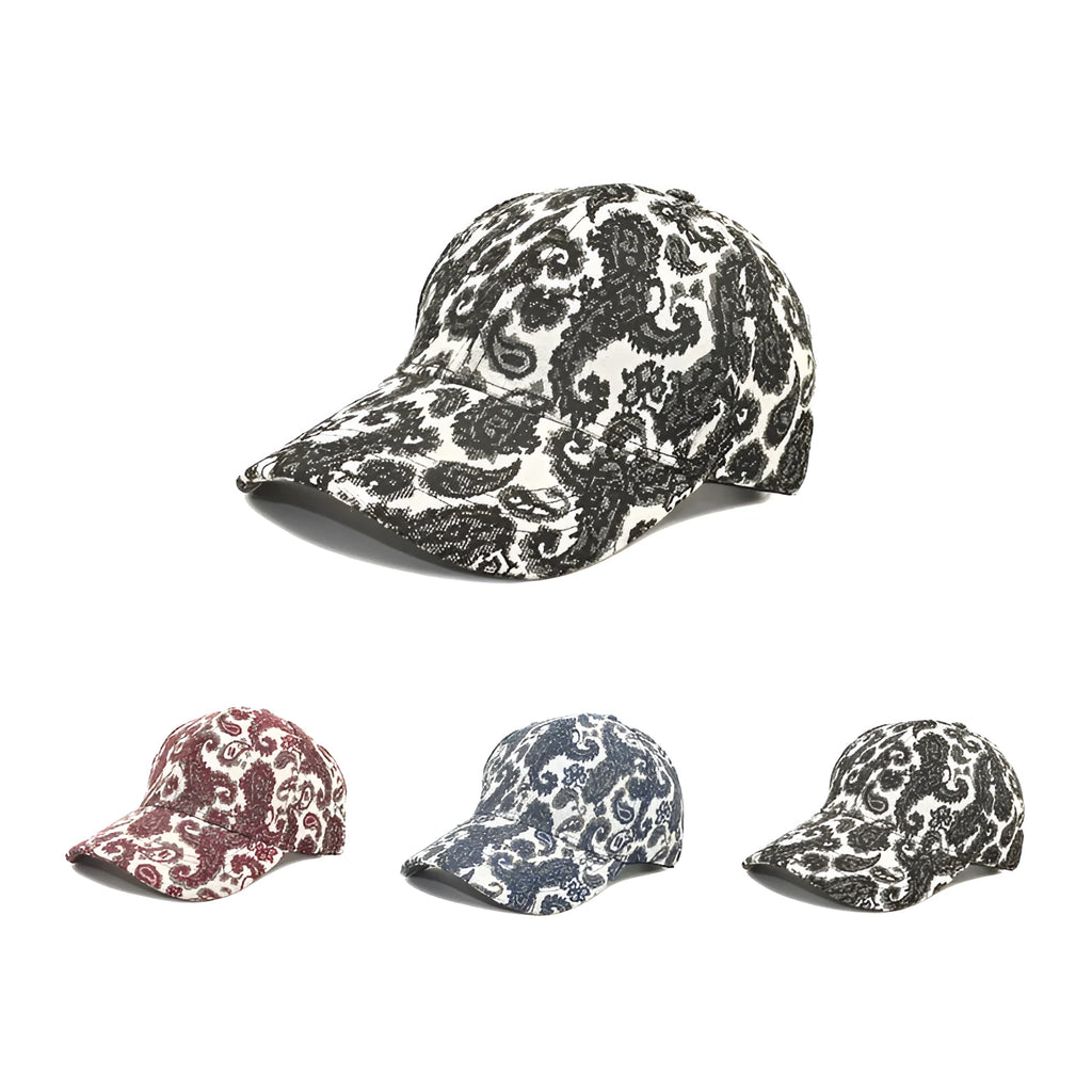 Baseball cap with paisley pattern print in blue colour showing dome crown design
