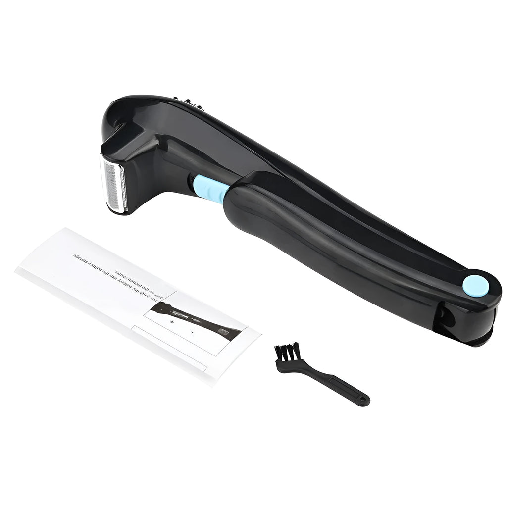 Black folding body electric shaver for whole body hair removal with battery compartment