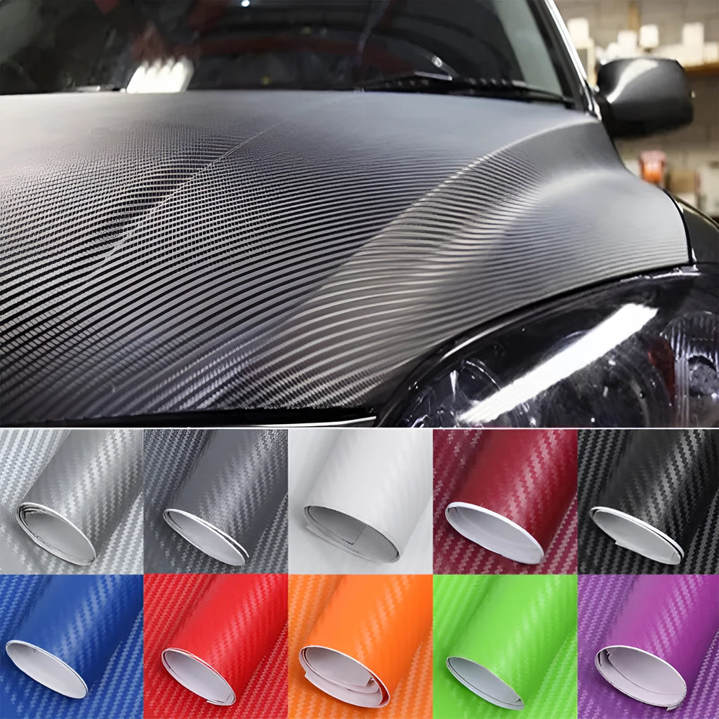 Roll of 3D carbon fibre sticker in assorted colours, showing texture and scale next to a 30cm ruler.