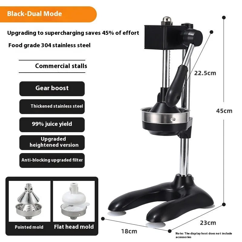 Vertical stainless steel manual citrus juicer in chosen colour with selected head style on kitchen worktop.