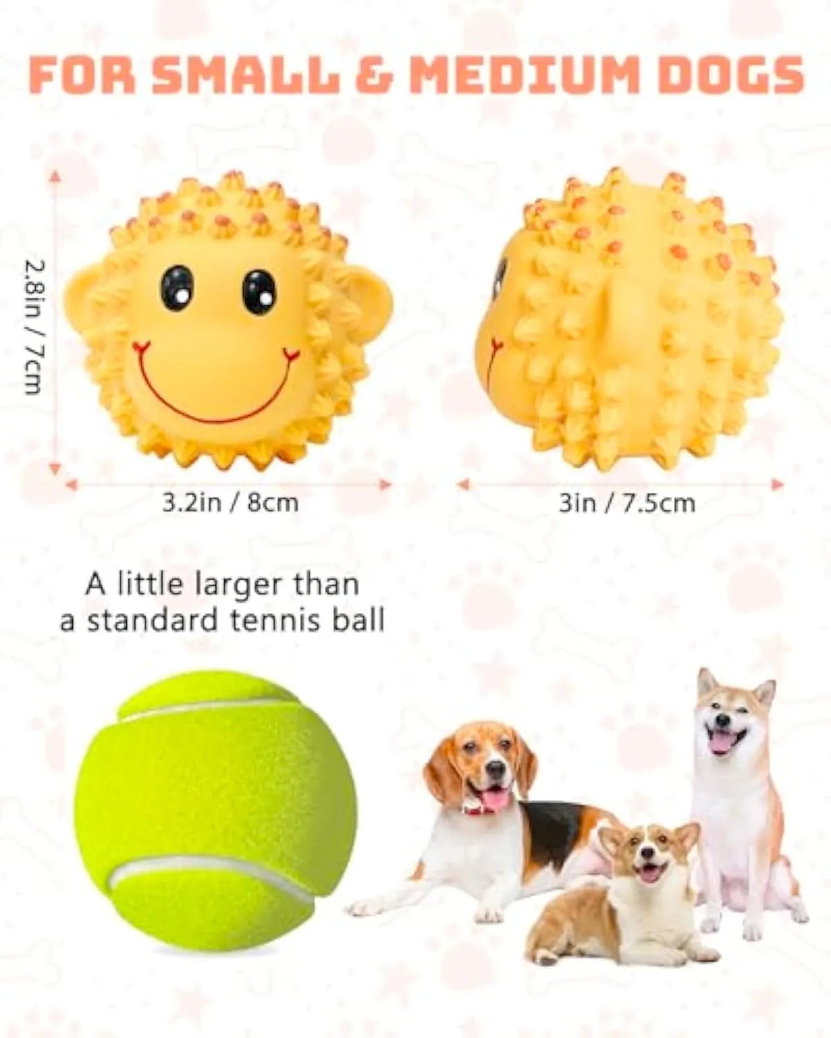 Orange and yellow squeaky latex dog toys with spiky texture for dental cleaning, 3-inch diameter