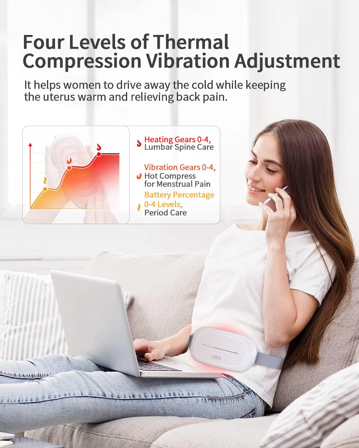White uterine warming device with an adjustable strap laid flat on a surface.