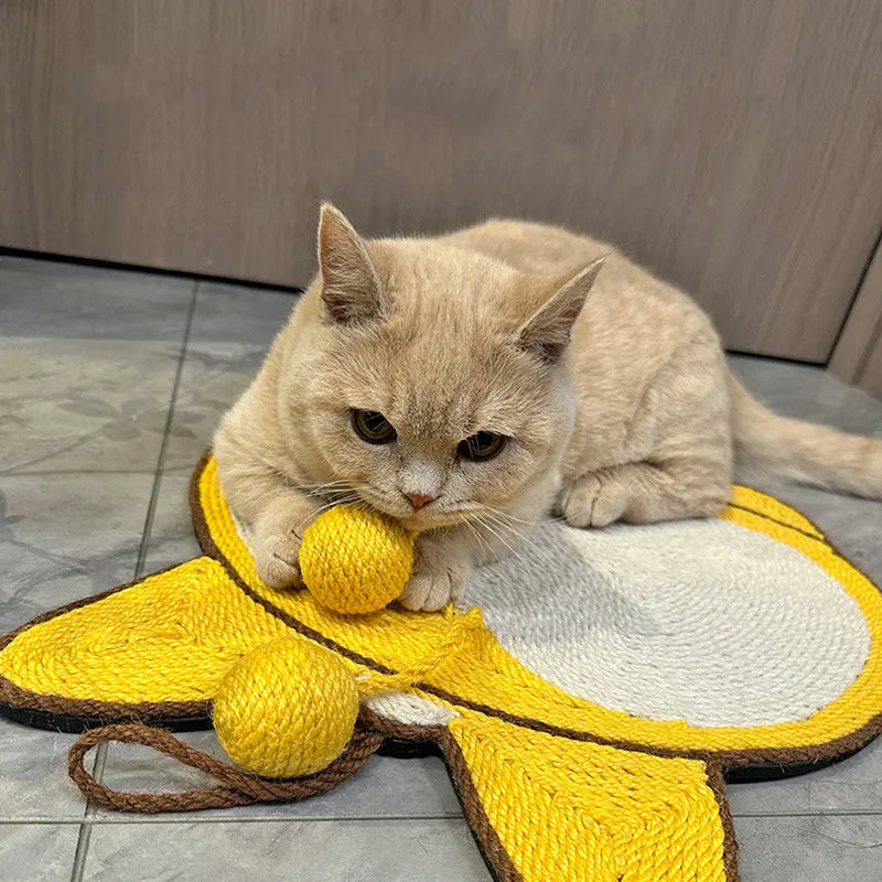 Yellow Corgi butt design cat scratch pad made from sisal with adhesive hooks and anti-slip base.