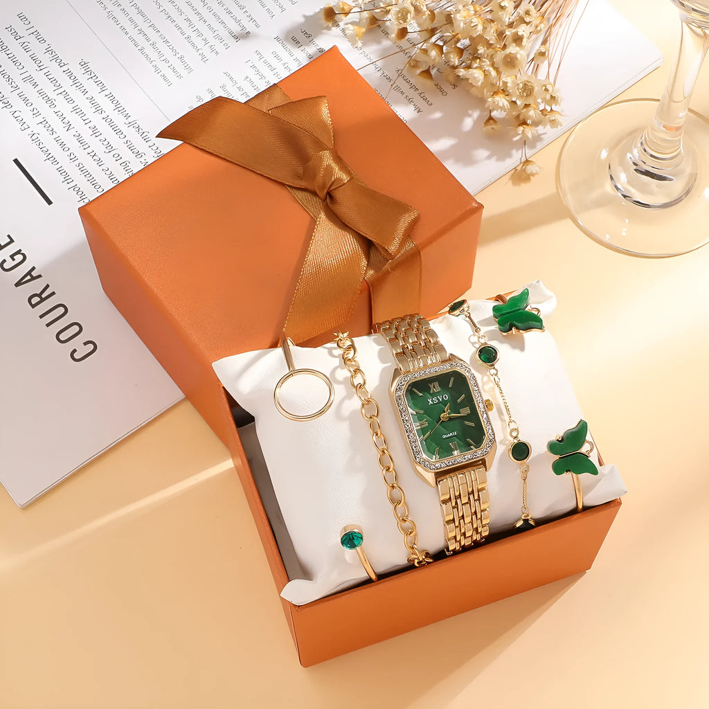 Gold green square dial watch with four matching alloy butterfly bracelets in a 5-piece gift set