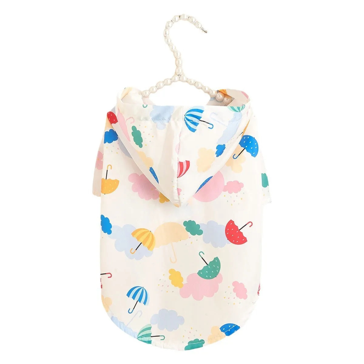Colourful cartoon umbrella pattern pet raincoat for dogs or cats in size medium.