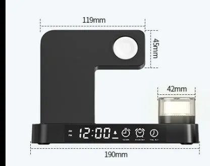 White 4-in-1 multifunction wireless charging station with foldable stand, alarm clock display, and RGB night light.