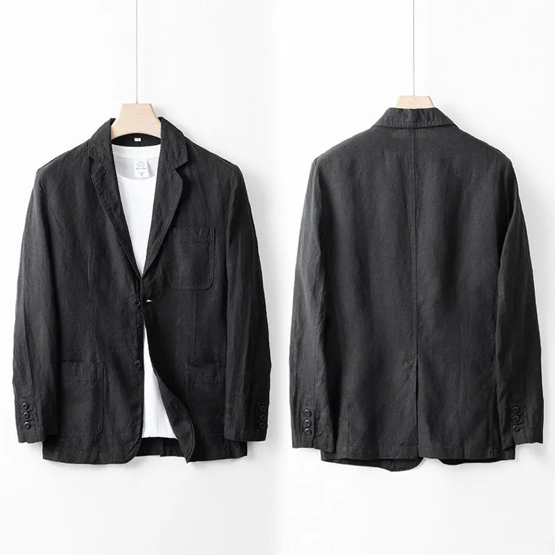 Men's loose fit linen casual blazer in solid colour with long sleeves