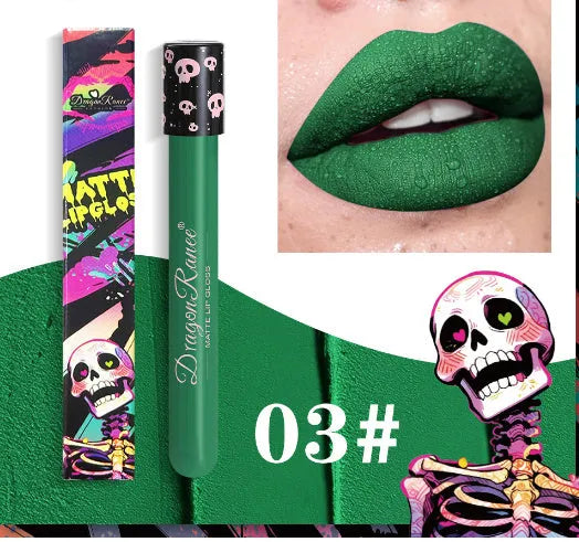 DR160 test tube skull lip gloss in matte gold and silver shades for Halloween makeup.