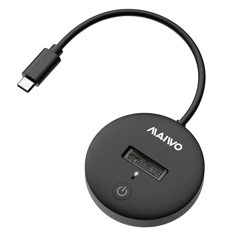 Black external hard drive enclosure with USB-C cable for M.2 NVMe SSDs