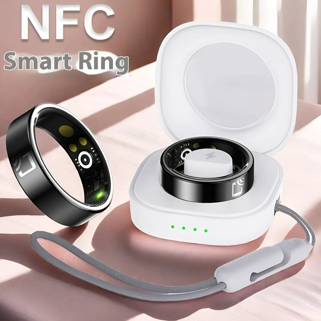 Black ceramic smart ring for health tracking on a finger, showing heart rate and SpO2 monitoring.