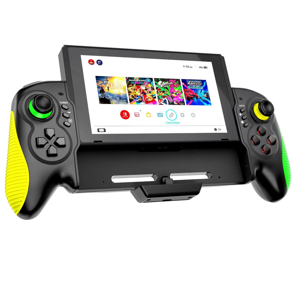 Yellow-green ABS game controller with in-line handles for Switch and PC gaming