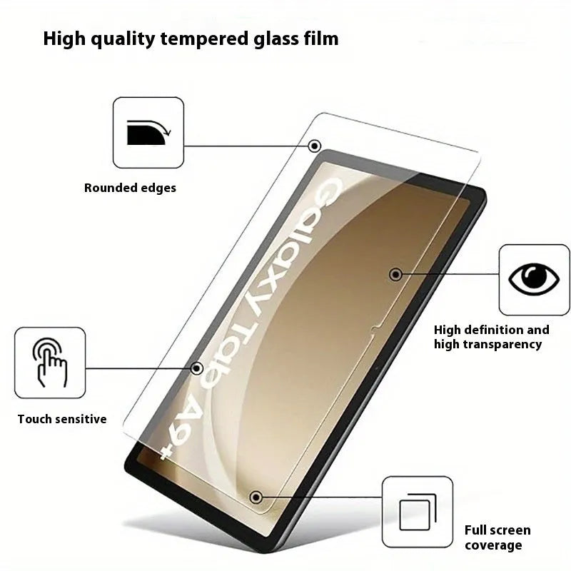 Two Samsung Galaxy tablet screen protectors made of HD tempered glass in a leather storage bag.