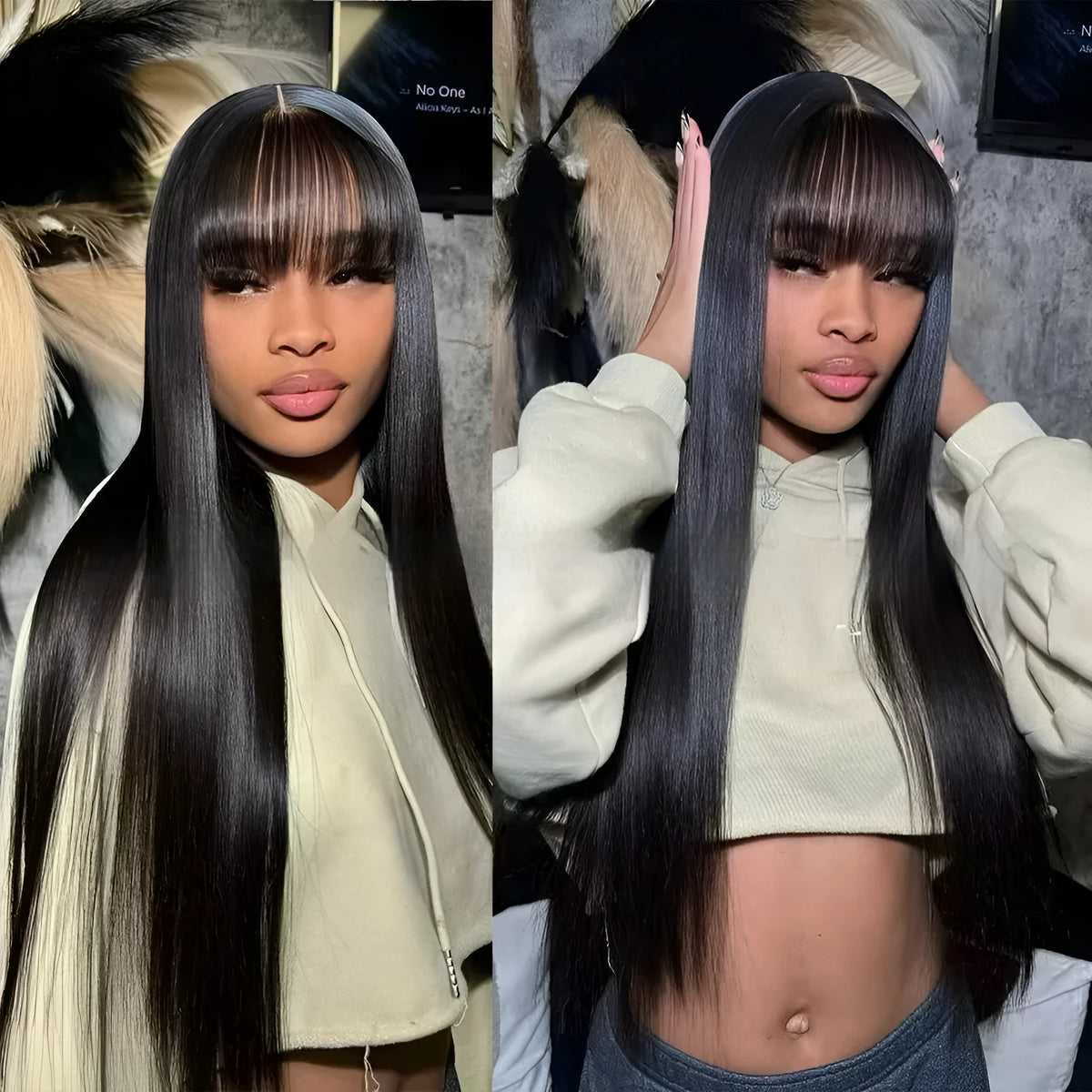 Natural colour human hair wig with straight fringe on a full-mechanism headgear base