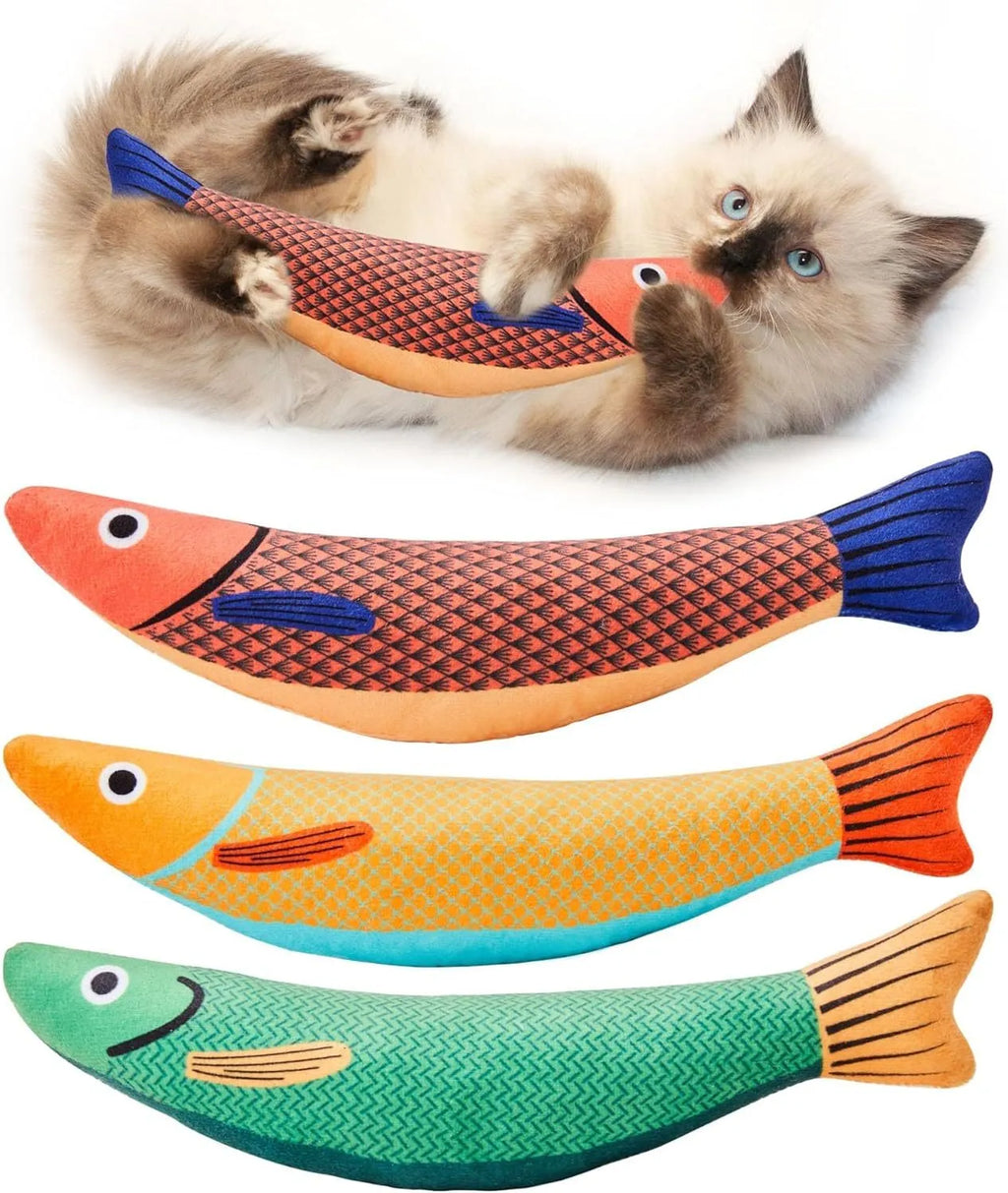 Soft plush fish-shaped cat toy filled with organic catnip in green, orange, or yellow.