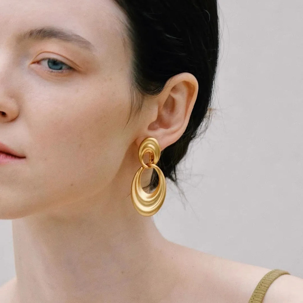 French retro double circle earrings with quicksand gold finish and U-shaped design