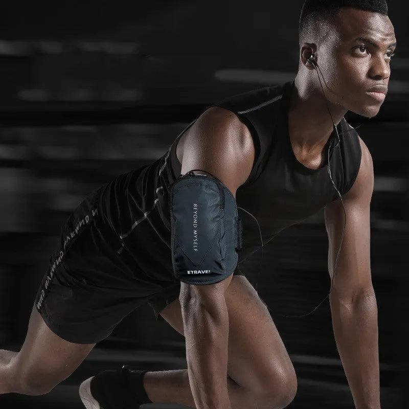 Reflective running arm bag with 7-inch capacity shown in black with reflective strips for night safety