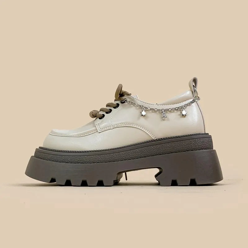 White PU platform Mary Jane shoes with a chunky 6-8cm heel, round toe, and front lace-up.