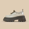 White PU platform Mary Jane shoes with a chunky 6-8cm heel, round toe, and front lace-up.