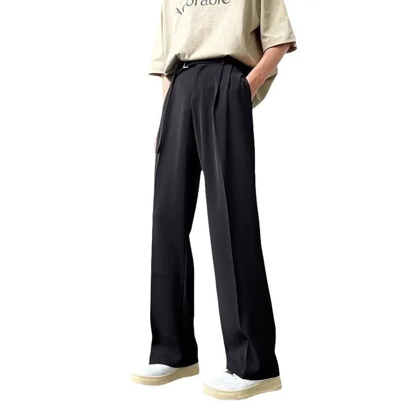 Straight-leg wide-leg trousers in black, made from a thin chemical fibre blend fabric.
